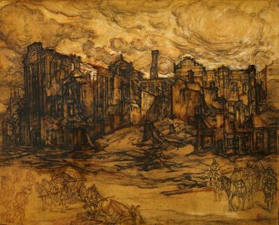 Alfred Delaunois, Leuven 1914, 1914, krijt en gouache op karton,