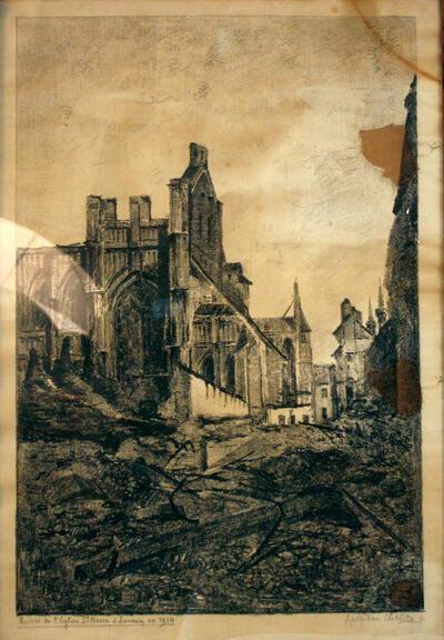 Adolf Van Elstraete, Ruïne de l’église St. Pierre à Louvain en 1914, 1914, lithografie van een tekening in houtskool, groote oorlog,