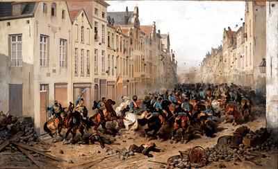 Aftocht van de Nederlandse cavalerie in de Vlaamsesteenweg te Brussel in 1830 J. Van Severdonck, Nederlanden,