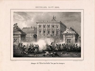 De aanval op het Bellevue Hotel in Brussel in 1830 P. Lauters, 1830-1831, Nederlanden,
