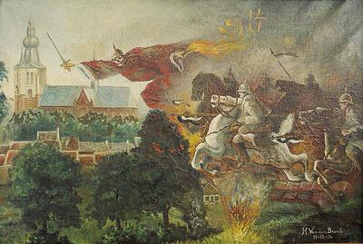 Hubert Van den Broeck, Dood en verwoesting te Aarschot (of De dood zwaait vuur en dood over de stad), olieverf, 1926, groote oorlog,