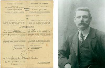 Erkenningsdocument als oorlogsweduwe van het Ministerie van Financiën, gedateerd op 31 december 1920, gericht aan Rosalie Lamotte-Delsaert, echtgenote van Karel Lamotte, burgerslachtoffer (19 augustus 1914 in Aarschot), Foto van Karel Lamotte, doodgeschoten in 1914 in Aarschot, gemaakt tussen 1910 en 1914, groote oorlog,