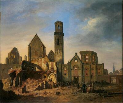 Gezicht op de Sint-Michielsabdij na het bombardement van 27 oktober 1830, Ph. van Bree, Nederlanden,