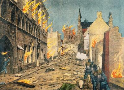 De verwoesting van Leuven, Belgische propaganda-affiche uitgegeven in september 1914 door de Vlaamsche Volksuitgaven in het nog niet bezette Antwerpen, kleurenlithografie door Willem Seghers, groote oorlog,