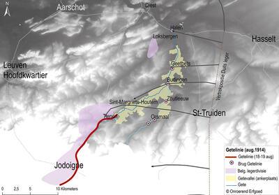 Situering van de Getelinie tussen Diest, Tienen en Jodoigne met het digitale hoogtemodel als achtergrond, groote oorlog