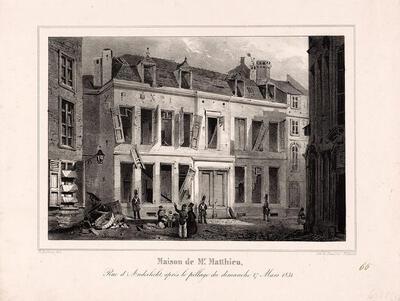 Het geplunderde huis van de Brusselse orangist Matthieu na de mislukte ‘staatsgreep’ in Antwerpen Th. Fourmois, 1831, Nederlanden,