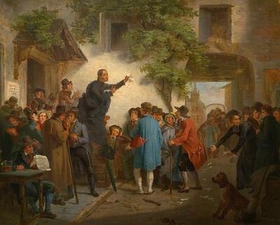 Bij de herberg. Verkiezingen in het district Gent J.-L. Geirnaert, 1831, Nederlanden,