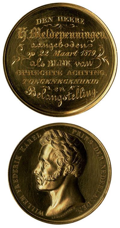 Gouden erepenning van de Nederlandse prins Frederik aan H. Metdepenningen I.P. Schouberg, 1879, Nederlanden,
