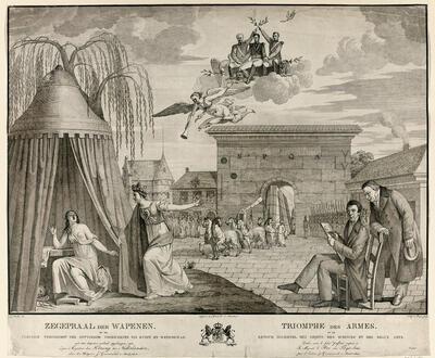Allegorie op de teruggave van de schilderijen aan de Antwerpse academie na de slag bij Waterloo J.J. Verellen en A.G. van Prooijen, 1815, Rijksmuseum Amsterdam, Nederlanden,