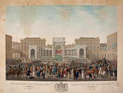 De eedaflegging van Willem I op het Koningsplein te Brussel in 1815, J.N. Gibèle & P.J.B. Leroy Koninklijke Verzamelingen Den Haag, Nederlanden,