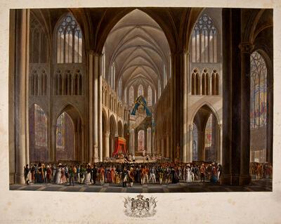 Te Deum in de Sint-Michiel- en Sint-Goedelekerk naar aanleiding van de inhuldiging van Willem I te Brussel in 1815, J.N. Gibèle & P.J.B. Leroy, Nederlanden,