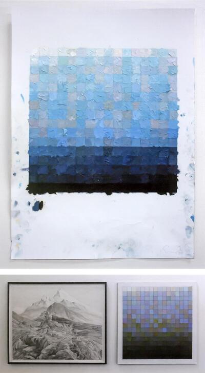 Found Footage / colorscape, 2009, olie op inkjetprint, De Watzmann, 2010, olieverf op doek, potlood op papier, Stijn Cole,