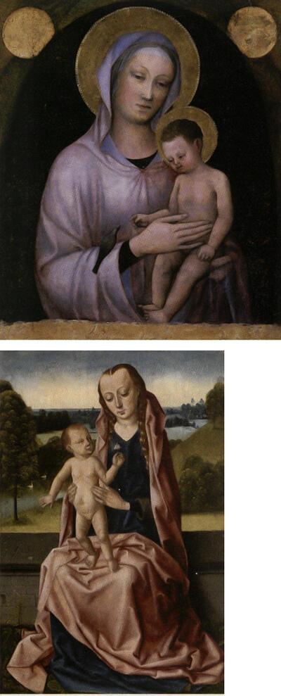 Jacopo Bellini, Maria en kind, ca. 1440, tempera op paneel, Bergamo, Dieric Bouts, Madonna, 15de eeuw, olieverf op panel,