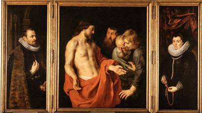 Peter Paul Rubens, De ongelovige Thomas en portretten van Nicolaas Rockox en Adriana Perez, ca. 1619, olieverf op paneel,, Bergamo,