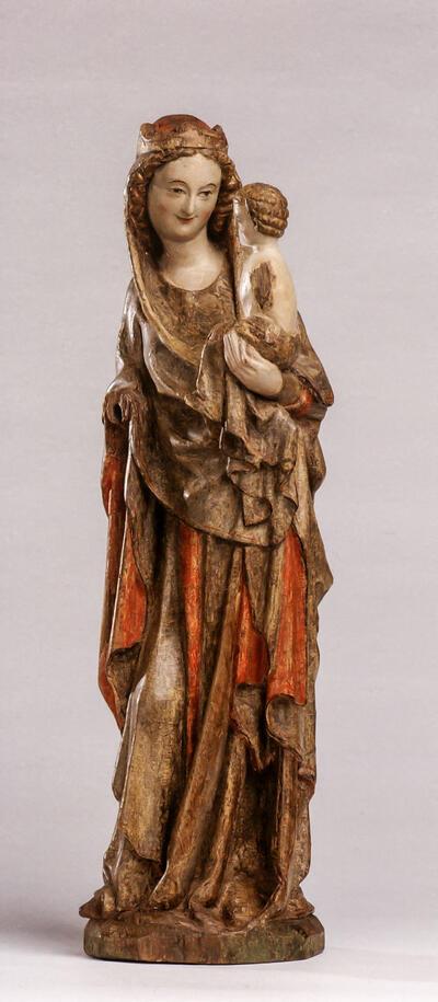 Madonna en kind, Maasland ( ?), 14"' eeuw, geplychromeerd hout, Mindere,