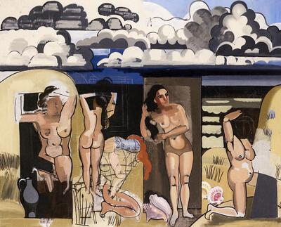 Jean Brusselmans, Strandzicht met baadsters en bewolkte lucht boven de zee, 1934, olieverf op doek,