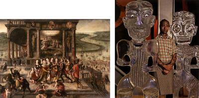 Allegorie van de heropbloei van Antwerpen na de overwinning van Alexander Farnese. Vorstelijke deugden omgeven Filips II en Alexander Farnese en links vooraan vluchten ondeugden. Hans Vredeman de Vries Antwerpen, 1585, Olieverf op doek,George Nuku, MAS,