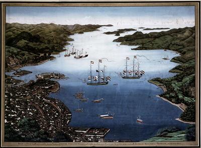 De baai van Nagasaki, met de Nederlandse factorij Deshima