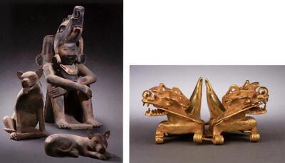 MAS, Hangers in de vorm van een basiliskhagedis, Coclé-regio, Panama, goud, Beeldengroep van een krijger met twee honden, Veracruz-cultuur, noordelijke Golfkust, Mexico 400-900, aardewerk,