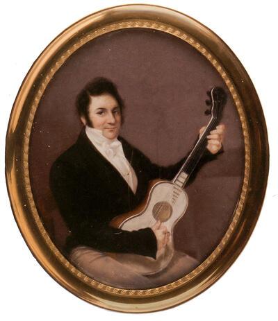 KMKG, Man die gitaar speelt. gesigneerd door  Joseph-Philippe Oorloft Brussel, 1823.  miniatuur op ivoor Legaat De Coussemaeker (1948) 