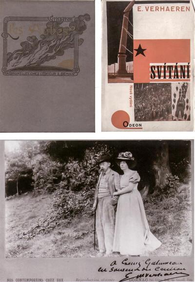 Theaterstuk Les Aubes van Verhaeren, kaftillustratie door Theo Van Ruysselberghe Karl Teige (Tsjechische vormgever), Svitani -Les Aubes ( 1925) van Verhaeren Foto van Emile Verhaeren en zijn vrouw Marthe Massin,