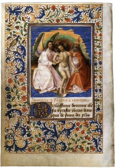 Brussel, KBR, ms. IV 95, Getijdenboek van Paul van Overtvelt, f 155v. Heilige Drievuldigheid, miniatuur,