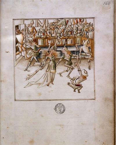 Brussel, KBR, ms. 9632-33, Roman de Paris, f 168r. Moriskendans aan het Bourgondische hof, miniatuur,
