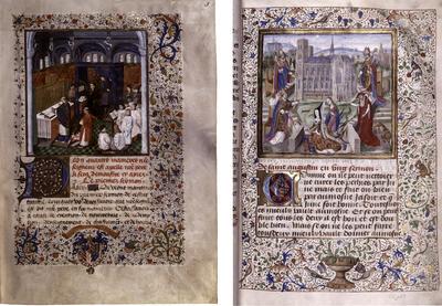 Traité de l'oraison dominicale, f. 9r. Filips de Goede woont de zondagsmis bij vanuit zijn privé-kapel. Benois seront les misericordieux, f. 17r. Margaretha van York in gebed voor de kerk van Sint-Goedele te Brussel, miniatuur,