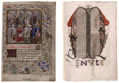 Benois seront les misericordieux, f. Ir. Margaretha van York beoefent de zeven werken van barmhartigheid. , Miroir de la Salvation Humaine (in de Franse vertaling van Jean Miélot), f. Ir. Initiaal M, miniatuur,