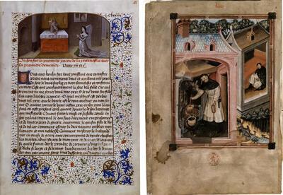 Verzameling ascetische traktaten, f. 182r. Vrouw (schenkster?) in gebed geknield voor een beeld van de Heilige Drievuldigheid , Jan van Leeuwen, Vanden tien gheboden Gods en Vanden drien coninghen (fragmenten), f. 2r. Jan van Leeuwen in zijn keuken en schrijvend in zijn kloostercel, miniatuur,