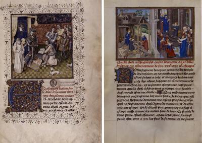 Ludolphus van Saksen, Vita Christi (in de Franse vertaling door Jean Aubert), f. 49v. Jezus aan het werk met Jozef; Jezus tussen de schriftgeleerden , Lucianus van Samosata, Débat d'honneur (in de Franse bewerking van de Latijnse vertaling van de Griekse tekst); Buonaccorso da Montemagno da Pistoia, Controversia de nobilitate (in de Franse vertaling: Dé bat de vraie noblesse) ; Faits et miracles de saint Thomas, f. Ir. Jean Miélot biedt zijn werk aan Filips de Goede aan, miniatuur,