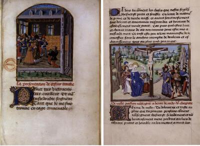 Juan Rodriguez de la Cámara, Triunfo de las donas (in de Franse vertaling door Fernando de Lucena: Le Triomphe des dames), f. Iv. Presentatie van het werk aan Filips de Goede , Ludolphus van Saksen, Vita Christi (in de Franse vertaling door Jean Aubert), f. 133r. Kruisiging, miniatuur,