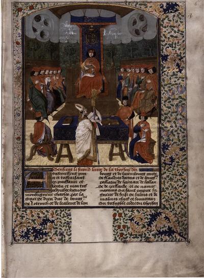 Guillaume Fillastre, Histoire de la Toison d'Or (boek 2), f. 6r. Fillastre leest zijn werk voor aan Karel de Stoute ter gelegenheid van het kapittel van de Orde van het Gulden Vlies. miniatuur,