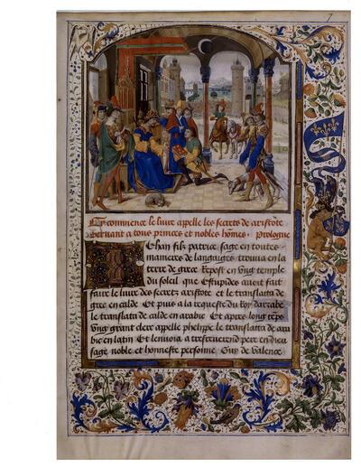 Parijs, Bibliothèque nationale de France, Handschriftendepartement, ms. fr. 562. PseudoAristoteles, Secret des secrets, fol. 7r. Presentatie van de brief van Aristoteles aan Alexander de Grote, miniatuur,