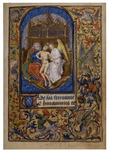  Gebedenboek van Karel de Stoute, f. 33r. De verzoeking van de heilige Antonius. Gevecht van antropomorfe wezens, draken en griffioenen. miniatuur,