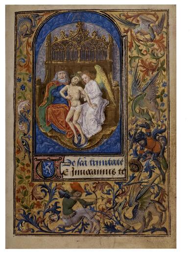 Gebedenboek van Karel de Stoute, f. 33r. De verzoeking van de heilige Antonius. Gevecht van antropomorfe wezens, draken en griffioenen. miniatuur,
