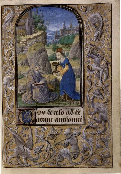 Gebedenboek van Karel de Stoute, fol. 14r. De heilige Drievuldigheid. Gevecht tussen een centaur, een soldaat en gevleugelde draken. miniatuur.