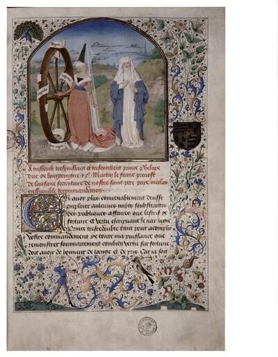 Martin Le Franc, L'Estrif de Fortune et Vertu, f. Ir. Discussie tussen dame Fortuna en dame Deugd, miniatuur,