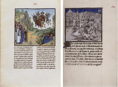 Jacques de Guise, Chroniques de Hainaut (compilatie en vertaling door Jean Wauquelin), f. 186v. Radbod onder de ogen van bisschop Wulfram door duivels meegevoerd, Leonardo Bruni, De primo bello Punico (in de Franse vertaling van Jean Lebègue: Première guerre punique), f. 58r. Gevecht van consul Marcus Actilius met het fabeldier , miniatuur,