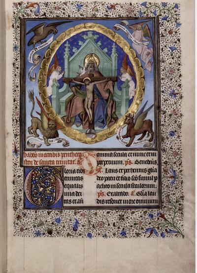 Breviarium van Filips de Goede ten gebruike van Parijs, zomerdeel, f Ir. De Heilige Drievuldigheid en de symbolen van de tetramorf, miniatuur,