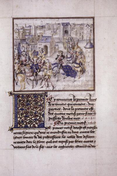 Guillaume Adam, Advis directif pour faire le passage d'Outremer, f. 9r. Vertrek van het Franse kruistochtleger, miniatuur,