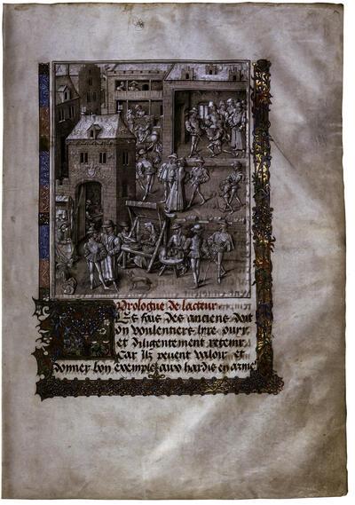 David Aubert, Conquestes et croniques de Charlemaine, volume I, f. 11 r. Markttafereel; David Aubert (of Jean v van Créquy) biedt zijn werk aan Filips de Goede aan. miniatuur,
