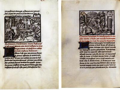 David Aubert, Conquestes et croniques de Charlemaine, volume 2, f. 93r. Beleg van de toren van het kasteel van Aigremoire; de uitdaging van Karel de Grote die door Ganelon aan Balam wordt bezorgd; dood van Bruillant de Montmire , David Aubert, Conquestes et croniques de Charlemaine, volume 2, f. 252v. Marsilius van Saragossa en Ganelon bereiden hun verraad voor, Miniatuur,