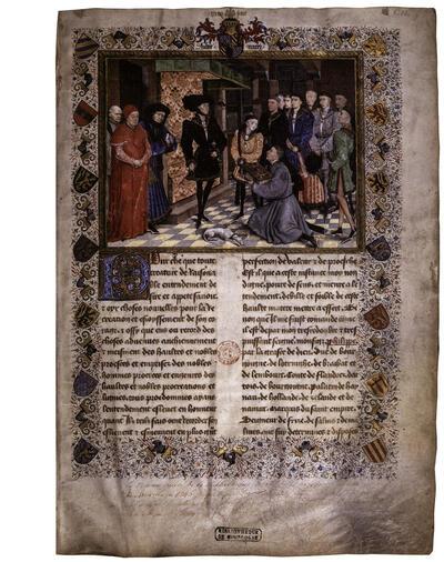 Jacques de Guise, Chroniques de Hainaut (compilatie en vertaling door Jean Wauquelin), f. Ir. Jean Wauquelin biedt zijn werk aan Filips de Goede aan. miniatuur,