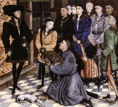 Jacques de Guise, Chroniques de Hainaut (compilatie en vertaling door Jean Wauquelin), f Ir. Jean Wauquelin biedt zijn werk aan Filips de Goede aan, miniatuur,