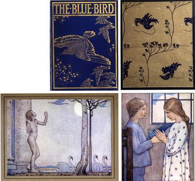 MSK Gent, Omslag van The Blue Bird, Methuen. Londen, 1911, Stofontwerp met Blauwe-Vogelmotief door Charles Doudelet, 1928,  'The Blue Bird' en 'The Blue Bird about to Fly' door Frederick Cayley Robinson, in: The Bleu Bird, Methuen, Londen,