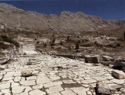 Zicht vanuit het zuiden op de ruïnes van Sagalassos, met op de voorgrond de resten van de opgegraven colonnadestraat