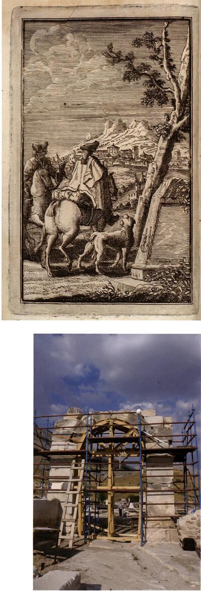 Sagalassos,Titelblad van Voyage du Sieur Paul Lucas fait par ordre du Roi dans la Grèce, l'Asie Mineure, la Macédoine et l'Afrique. Tome premier contenant la description de la Natolie, de la Caramanie, & de la Macédoine, Parijs 1714, Testopstelling door Ebru Torun tijdens de campagne van 2011 van de Boog voor Caligula, die in 43 n. Chr. werd heropgedragen aan keizer Claudius en zijn overleden broer Germanicus op de Bovenste Agora.