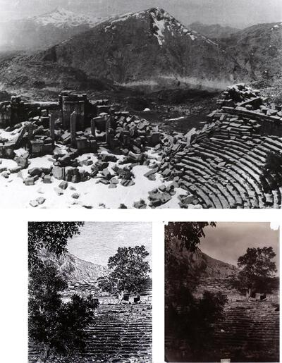 met sneeuw bedekte theater van Sagalassos, tekeningen van G. Niemann, de architect van K Lanckotiski's team,
