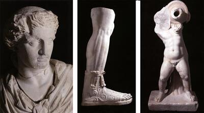 De afzonderlijk vervaardigde kop (H.: 0,54 m) van Apollo Klarios. De kop paste in een uitgespaarde holte in de torso van een enorm beeld van Apollo Klarios (H.:2,95 m;ca.4,5 ton). Het vulde de middelste nis onderaan de pronkfontein in 129-132 n.Chr door een lokale aristocraat aan Hadrianus opgedragen. De fontein bevond zich langs een de voornaamste oostwestelijke verkeersas van de stad, net boven de Onderste Agora en pal in de as van de grote colonnadestraat Marmer, Aphrodisias. Sagalassos,
